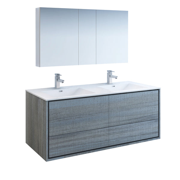 Fresca Catania 60" Rustic Natural Wood Wall Hung Double Sink Modern Bathroom Vanity FVN9260RNW-D