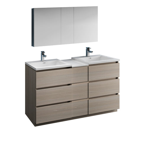 Fresca Lazzaro 60" Gray Wood Double Sink Modern Bathroom Vanity FVN93-241224MGO-D